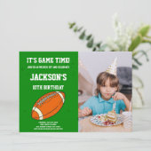 Orange Green Football Birthday Invitations Foto Einladung (Stehend Vorderseite)