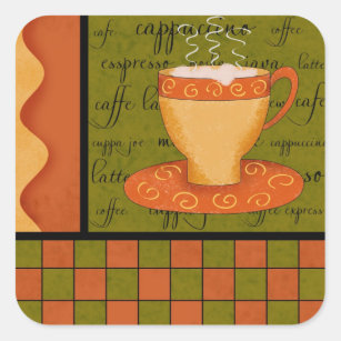 Orange Green Gold Whimsy Checkerboard Cup Art Quadratischer Aufkleber