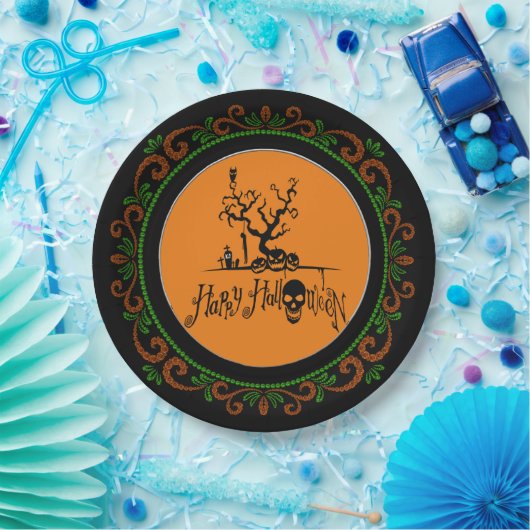 Orange Green Happy Halloween Grave Yard Pappteller (Party)