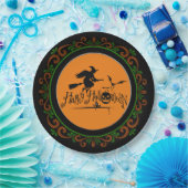 Orange Green Happy Halloween Hexe und Fledermäuse Pappteller (Party)