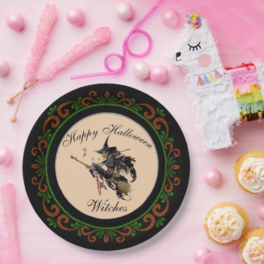 Orange Green Happy Halloween Hexen Broom Pappteller (Party)