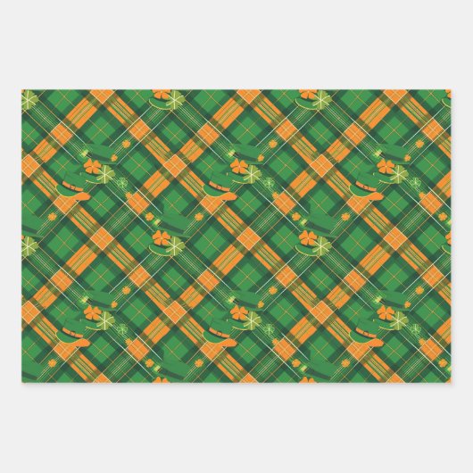 Orange Green Hat St. Patrick Tartan Kariertes Set Geschenkpapier Set (Vorderseite)
