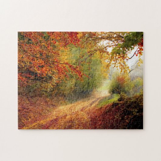 Orange Green Herbstlaubs Country Dirt Road Foto Puzzle (Horizontal)