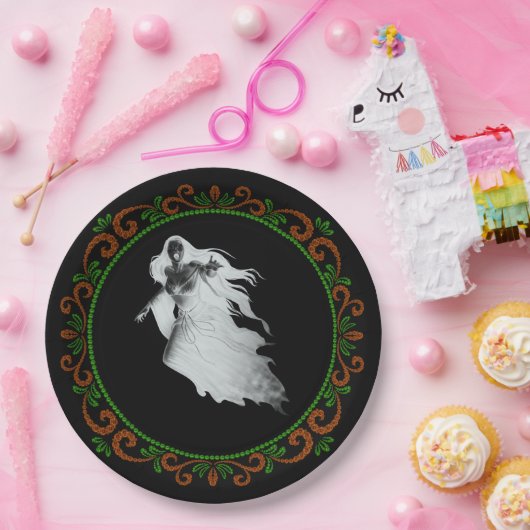 Orange Green Lady in White Ghost Halloween Pappteller (Party)