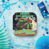 Orange Green Monster Truck Off Road Birthday Squar Pappteller (Party)