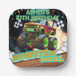 Orange Green Monster Truck Off Road Birthday Squar Pappteller