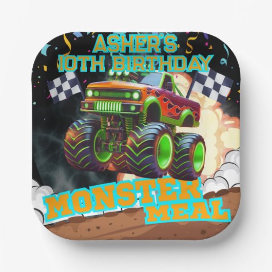Orange Green Monster Truck Off Road Birthday Squar Pappteller (Vorderseite)