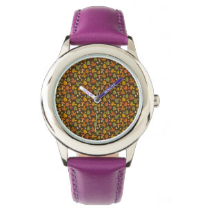 Orange Green Mushroom Leaf Muster Watch Armbanduhr