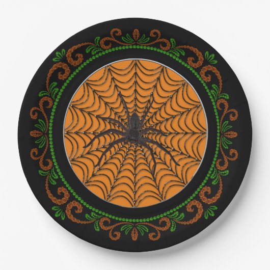 Orange Green Spider Web und Black Spider Halloween Pappteller (Vorderseite)