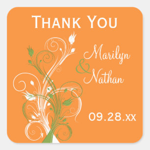 Orange Green White Floral 1,5" Hochzeitsaufkleber Quadratischer Aufkleber