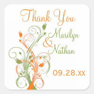 Orange Green White Floral 1,5" Hochzeitsaufkleber Quadratischer Aufkleber