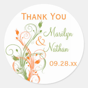Orange Green White Floral 1,5" Hochzeitsaufkleber Runder Aufkleber