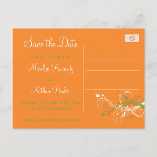 Orange Green White Floral Save the Date Post Card Ankündigungspostkarte (Rückseite)