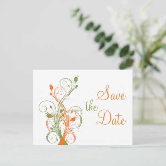 Orange Green White Floral Save the Date Post Card Ankündigungspostkarte (Stehend Vorderseite)