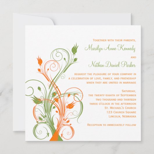 Orange Green White Floral Sq. Einladung zur Hochze (Rückseite)