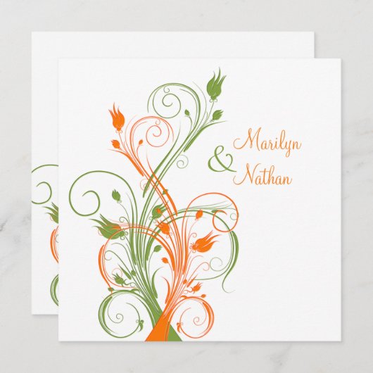Orange Green White Floral Sq. Einladung zur Hochze (Vorne/Hinten)