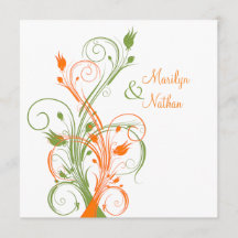 Orange Green White Floral Sq. Einladung zur Hochze