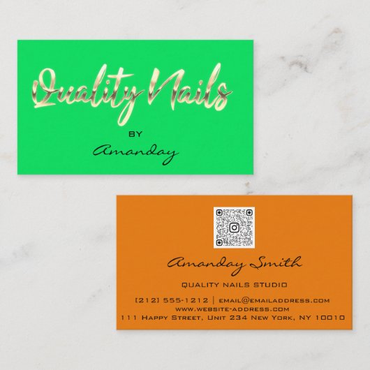 Orange GreenGold Quality Nail Script QRCode Logo Visitenkarte (Vorne/Hinten)