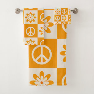 Orange Groovy Blume und Friedenszeichen Badhandtuch Set