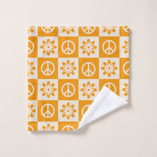 Orange Groovy Blume und Friedenszeichen Badhandtuch Set (Waschlappen)