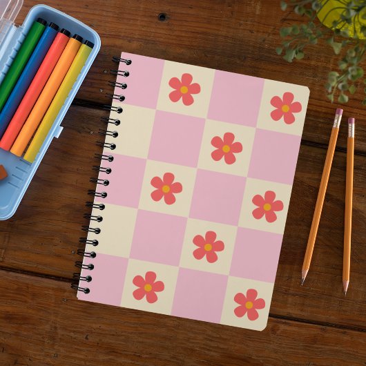 Orange Groovy Daisy Blume & Pink Checkered Notizblock