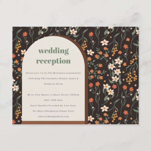 Orange Groovy Retro Arch Floral Hochzeitsempfang Begleitkarte (Vorderseite)