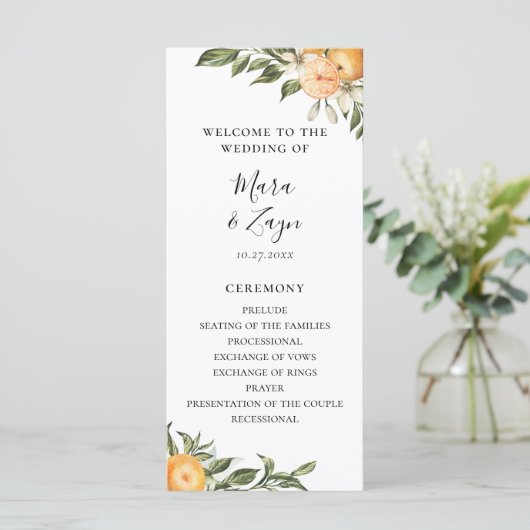 Orange Grove Citrus Botanical Wedding Programm (Stehend Vorderseite)
