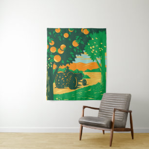 Orange Grove mit Bauer Driving Vintag Traktor Wandteppich