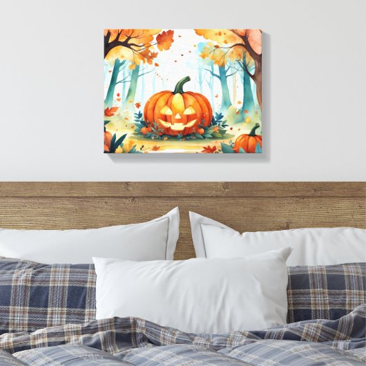 Orange grünes Wasser Farbe Herbst Pumpkins Wald Leinwanddruck (Insitu (Schlafzimmer))