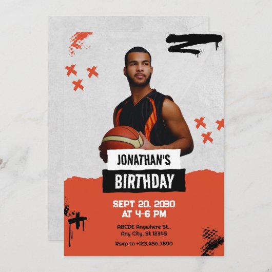 Orange Grunge Foto Geburtstag Einladung (Vorne/Hinten)