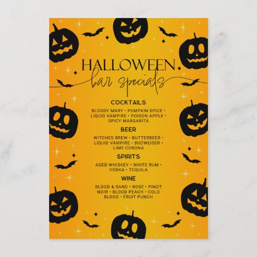 Orange Halloween Bar Specials Pumpkin & Bats Menükarte (Rückseite)