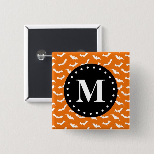 Orange Halloween Bat Pattern Black Monogram Button (Vorne & Hinten)