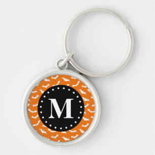 Orange Halloween Bat Pattern Black Monogram Schlüsselanhänger