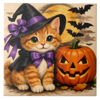Orange Halloween-Kätzchen mit Kürbis Fliese