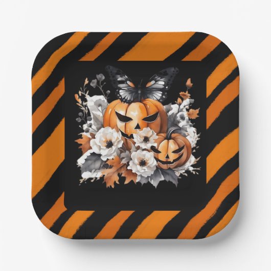 Orange Halloween-Kürbis-Blumen Pappteller (Vorderseite)