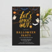 Orange Halloween-Spinnen-Treffen-Script-Party Einladung (Stehend Vorderseite)