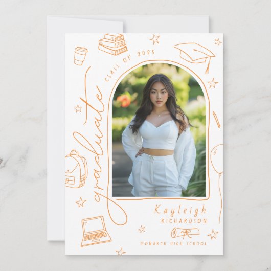 Orange Hand Drawn Foto Abschluss Ankündigung (Vorderseite)