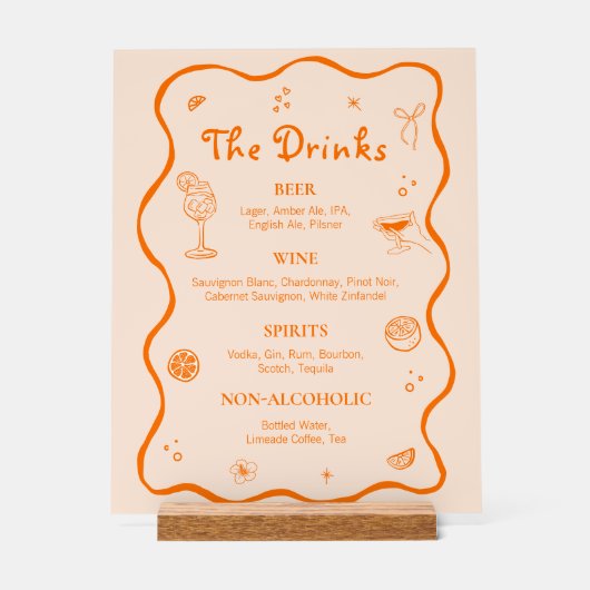 Orange Hand Drawn Tropical Wedding Bar Drink Menü Acrylschild (Vorderseite)