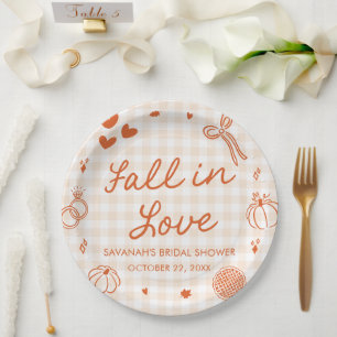 Orange Handgezeichnete Fall in Love Brautparty Pappteller
