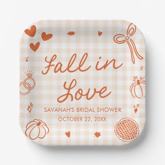 Orange Handgezeichnete Hochzeitsdusche 'Fall in Lo Pappteller (Vorderseite)