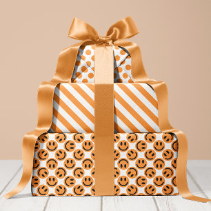 Orange Happy Face Streifen und Punkte Geschenkpapier Set