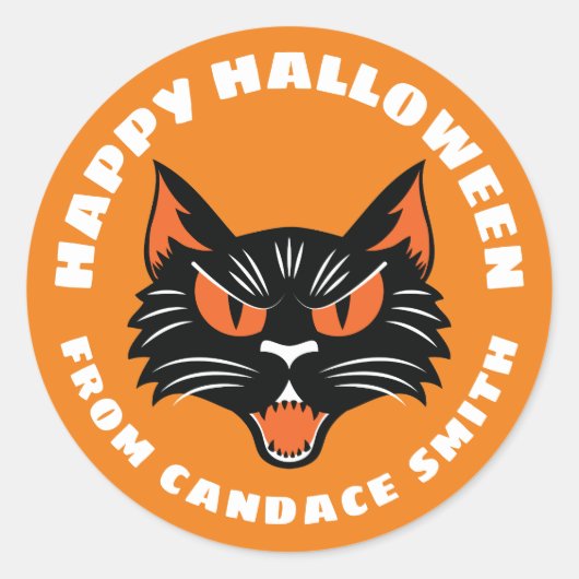 Orange Happy Halloween Black Cat Personalisiert Runder Aufkleber (Vorderseite)