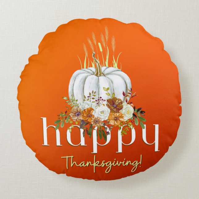 Orange Happy Thanksgiving Fall Floral Pumpkin Rundes Kissen (Vorderseite)