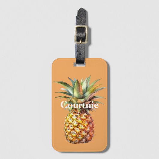 Orange Happy Tropical Pineapse Gepäckanhänger (Vorderseite Vertikal)