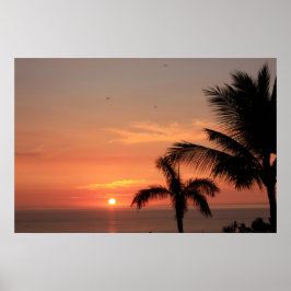 Orange Hawaiian Sunset Sky mit Vögeln und Palmen Poster