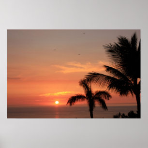 Orange Hawaiian Sunset Sky mit Vögeln und Palmen Poster