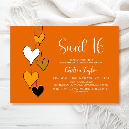Orange Heart Theme Sweet 16 Birthday Einladung