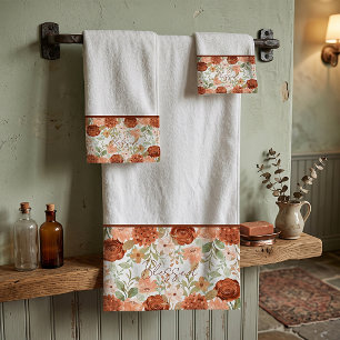 Orange Herbst-Aquarell-Blumen Badhandtuch Set