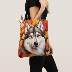 ORANGE HERBSTBLÄTTER & SIBIRISCHER HUSKY-HUND TASCHE