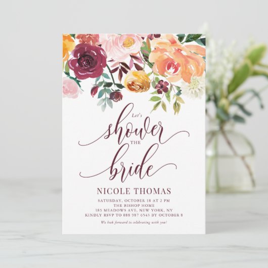 Orange Herbstflorale Grödner Herbst Brautparty Einladung (Stehend Vorderseite)